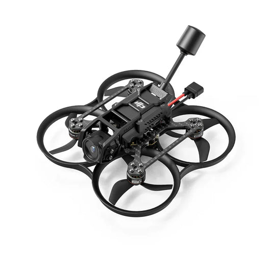 Black drone with propellers on a white background